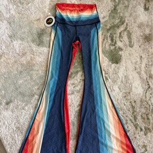 Yoga Democracy Retro Rainbow Striped Flare Yoga Pants- Blue, Cream, Orange, Red